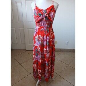 Miss Me Womens Maxi Dress Small Red Tropical Sleeveless V-Neck Hawaii Beachy